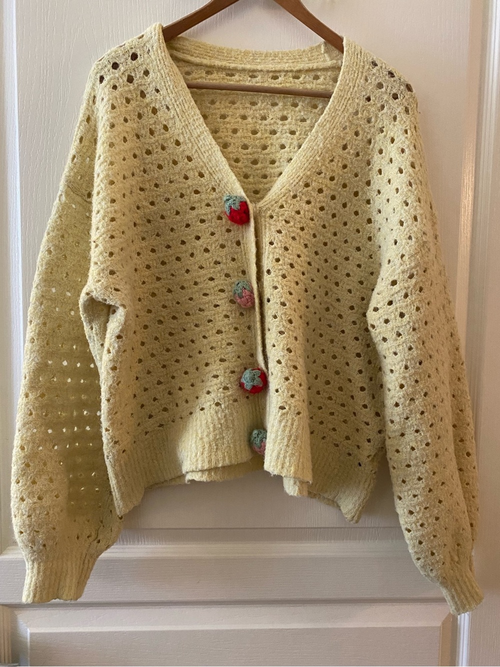 CIDER V-Neck Knit Cardigan w/ Strawberry Buttons in Pale Yellow - 3X